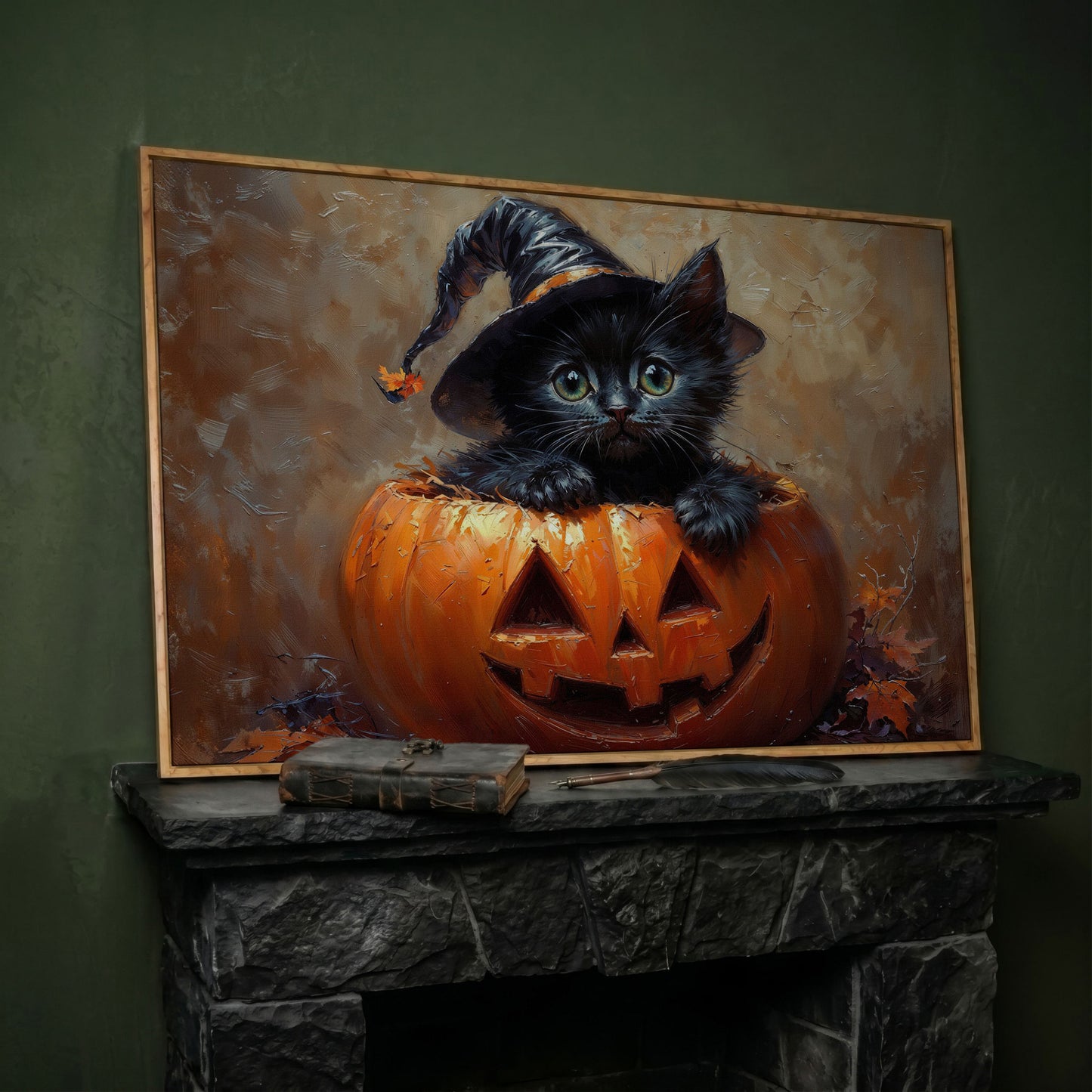 Halloween Kitten with Witch Hat Canvas in white oak floating frame
