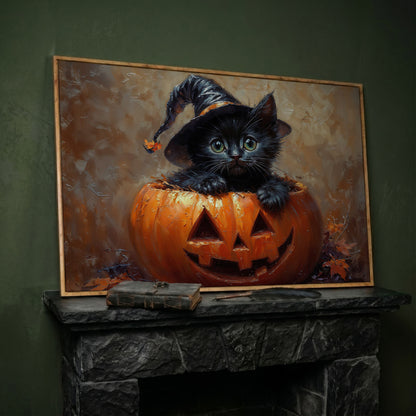 Halloween Kitten with Witch Hat Canvas in white oak floating frame
