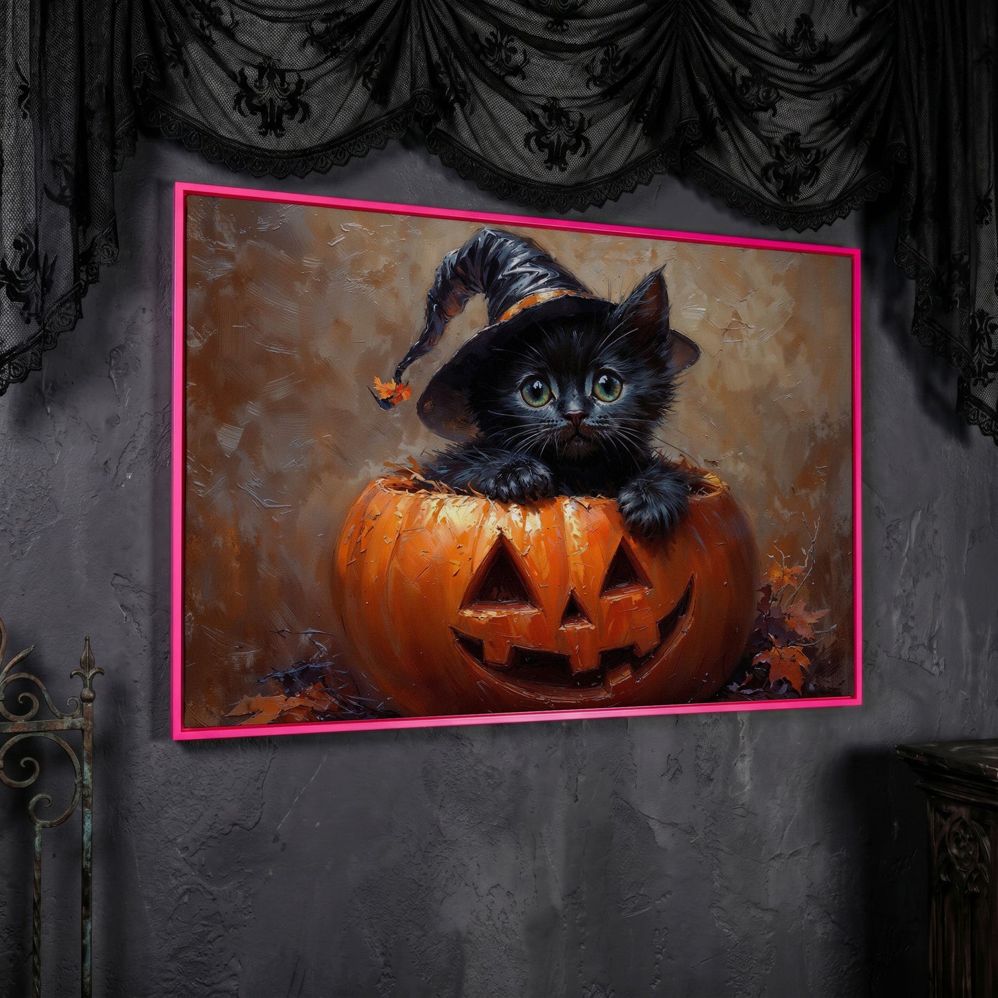 Halloween Kitten with Witch Hat Canvas in pink floating frame