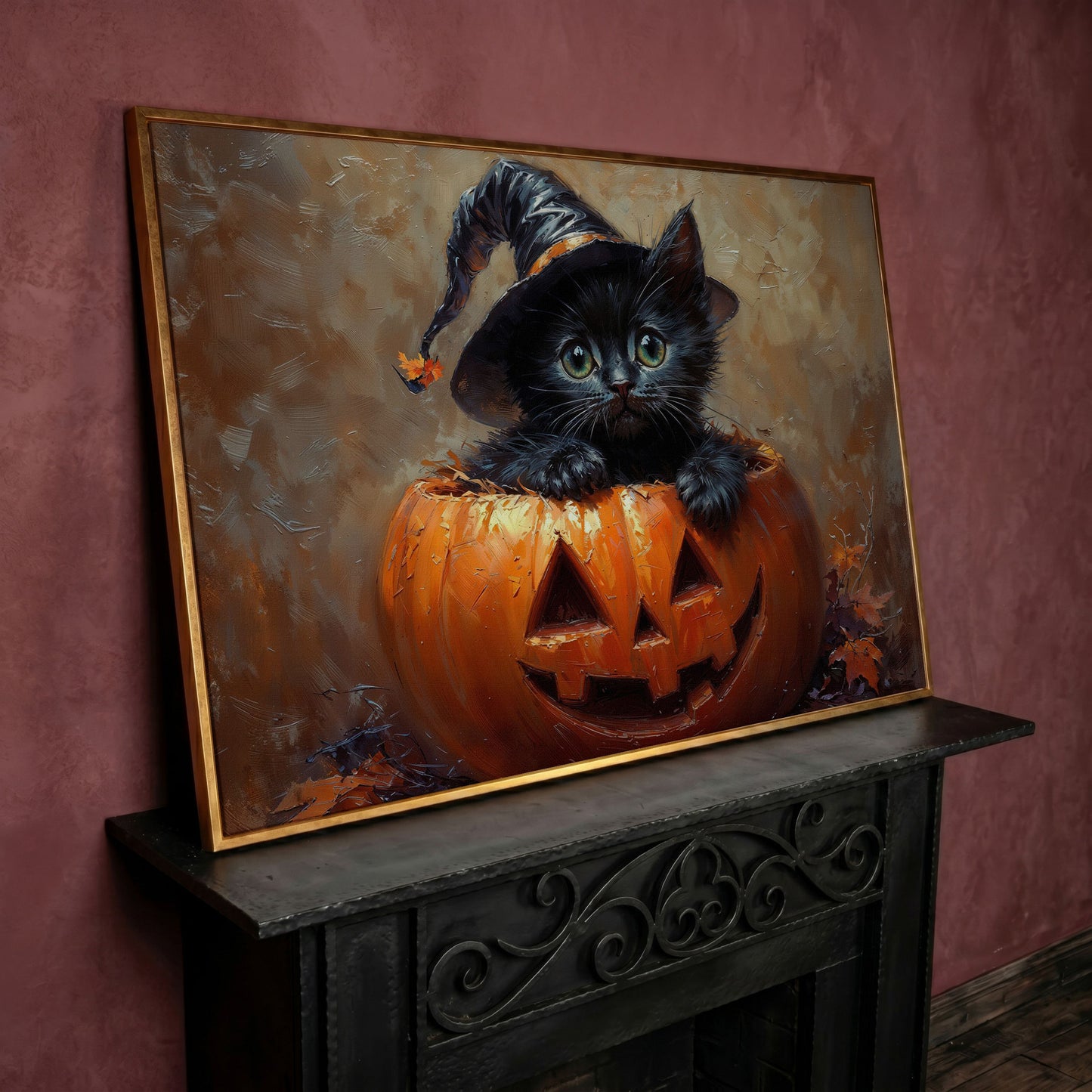 Halloween Kitten with Witch Hat Canvas in rose gold floating frame