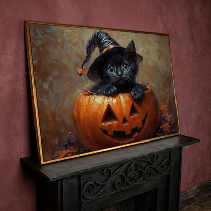 Halloween Kitten with Witch Hat Canvas in rose gold floating frame