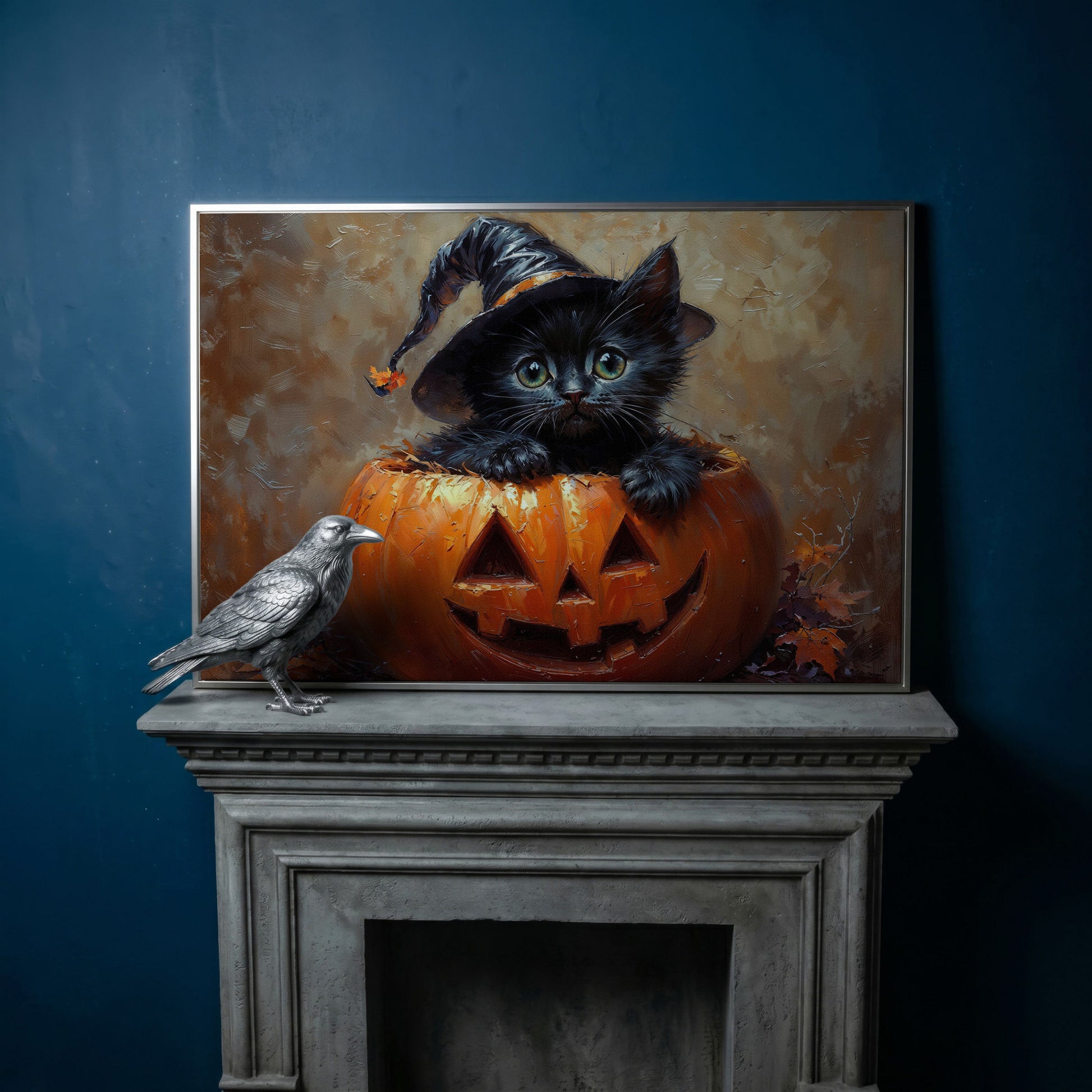Halloween Kitten with Witch Hat Canvas in silver floating frame