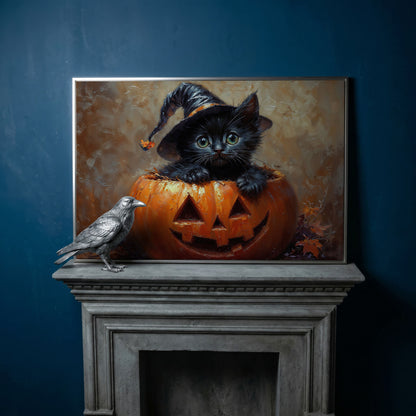 Halloween Kitten with Witch Hat Canvas in silver floating frame