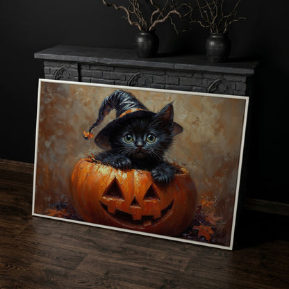 Halloween Kitten with Witch Hat Canvas in white floating frame