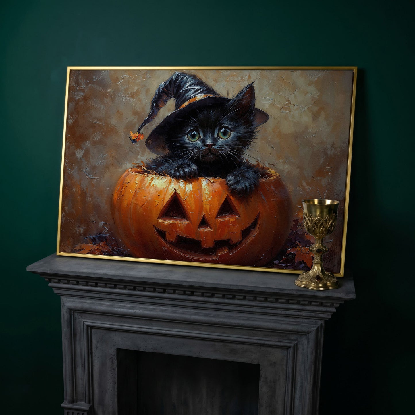Halloween Kitten with Witch Hat Canvas in yellow gold floating frame