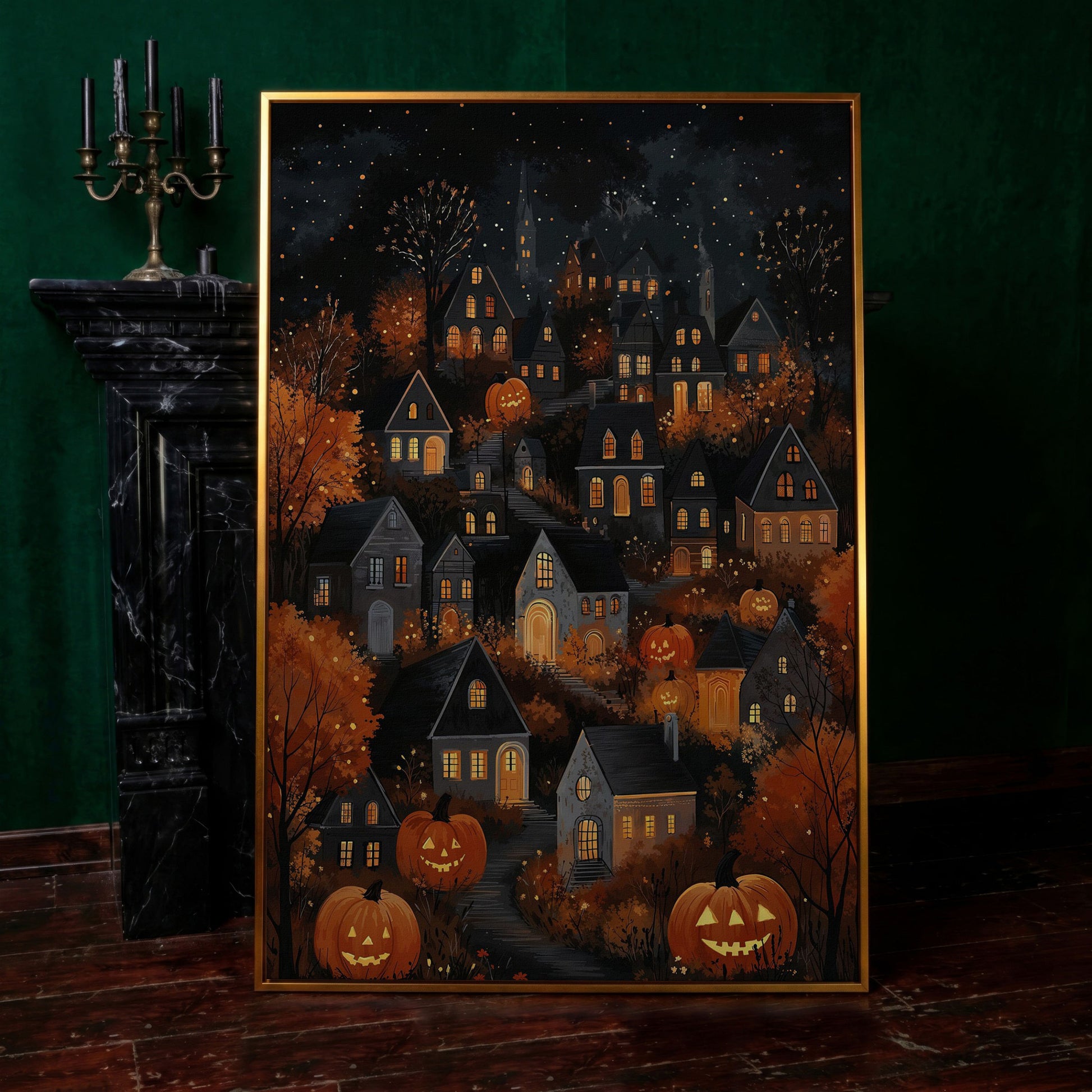 Halloween Pumpkin Town Canvas Print in antique gold floating frame