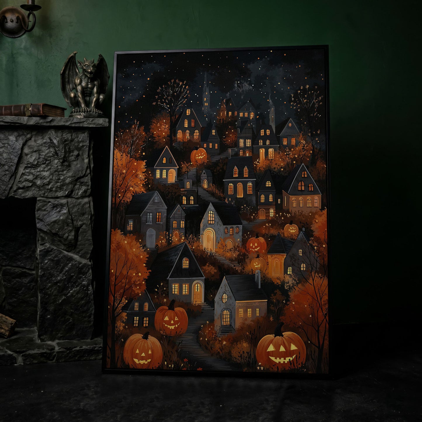 Halloween Pumpkin Town Canvas Print in black floating frame