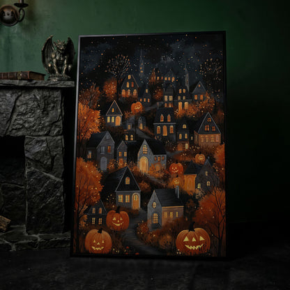 Halloween Pumpkin Town Canvas Print in black floating frame