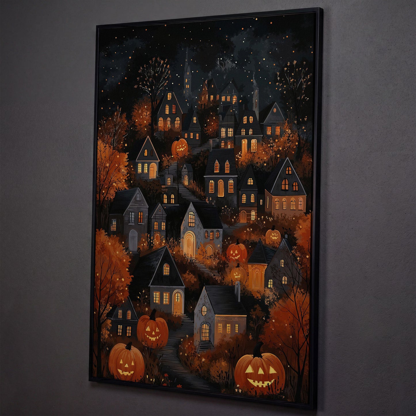 Halloween Pumpkin Town Canvas Print shown in black floating frame