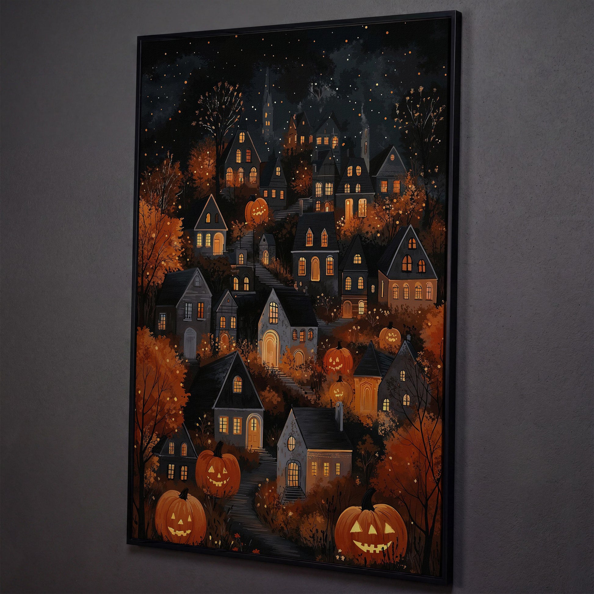 Halloween Pumpkin Town Canvas Print shown in black floating frame