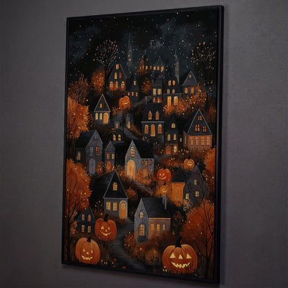 Halloween Pumpkin Town Canvas Print shown in black floating frame