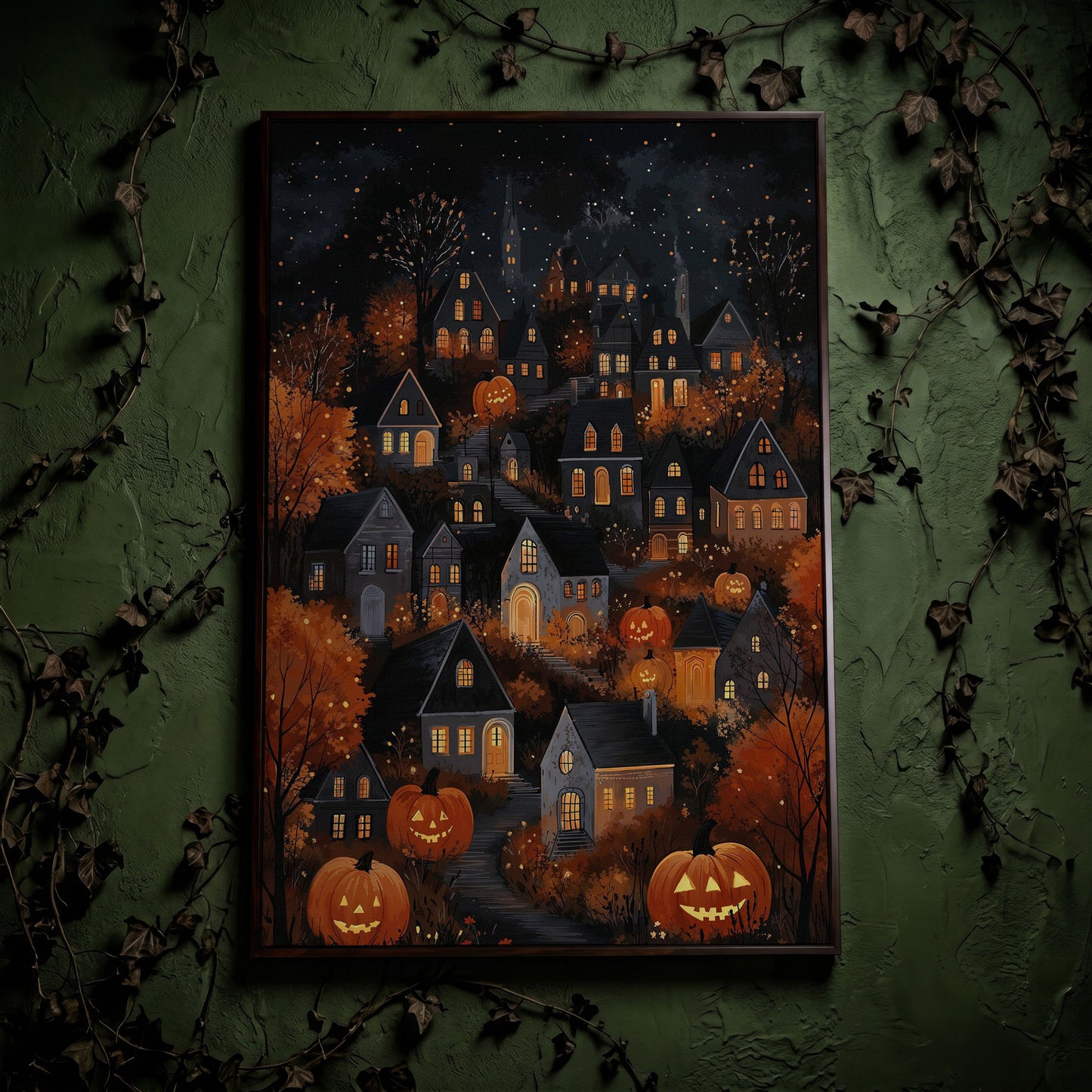 Halloween Pumpkin Town Canvas Print in dark walnut floating frame