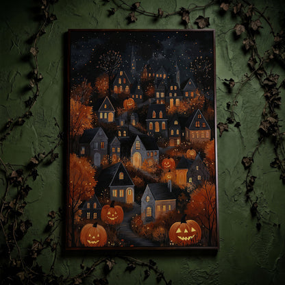 Halloween Pumpkin Town Canvas Print in dark walnut floating frame