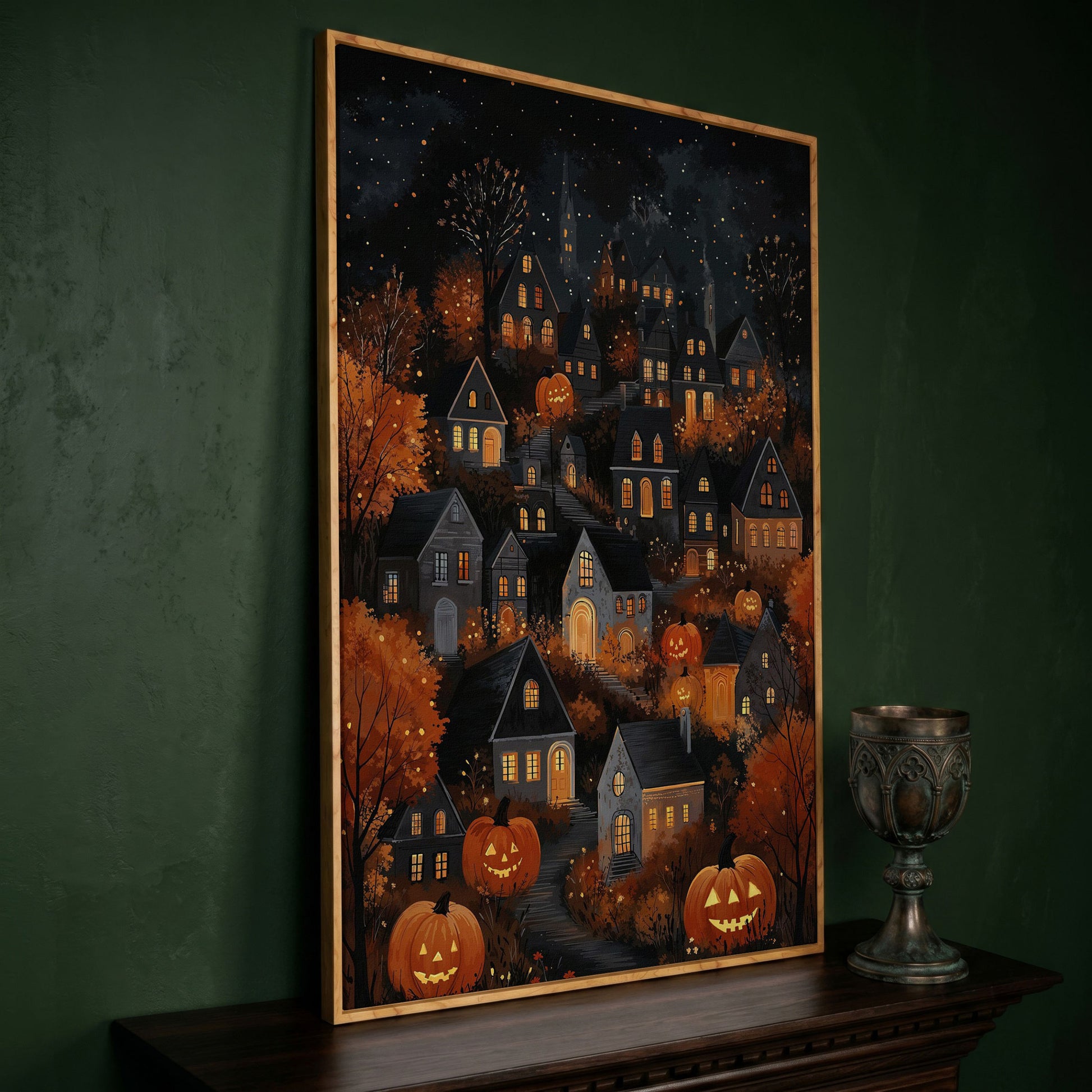 Halloween Pumpkin Town Canvas Print in white oak floating frame
