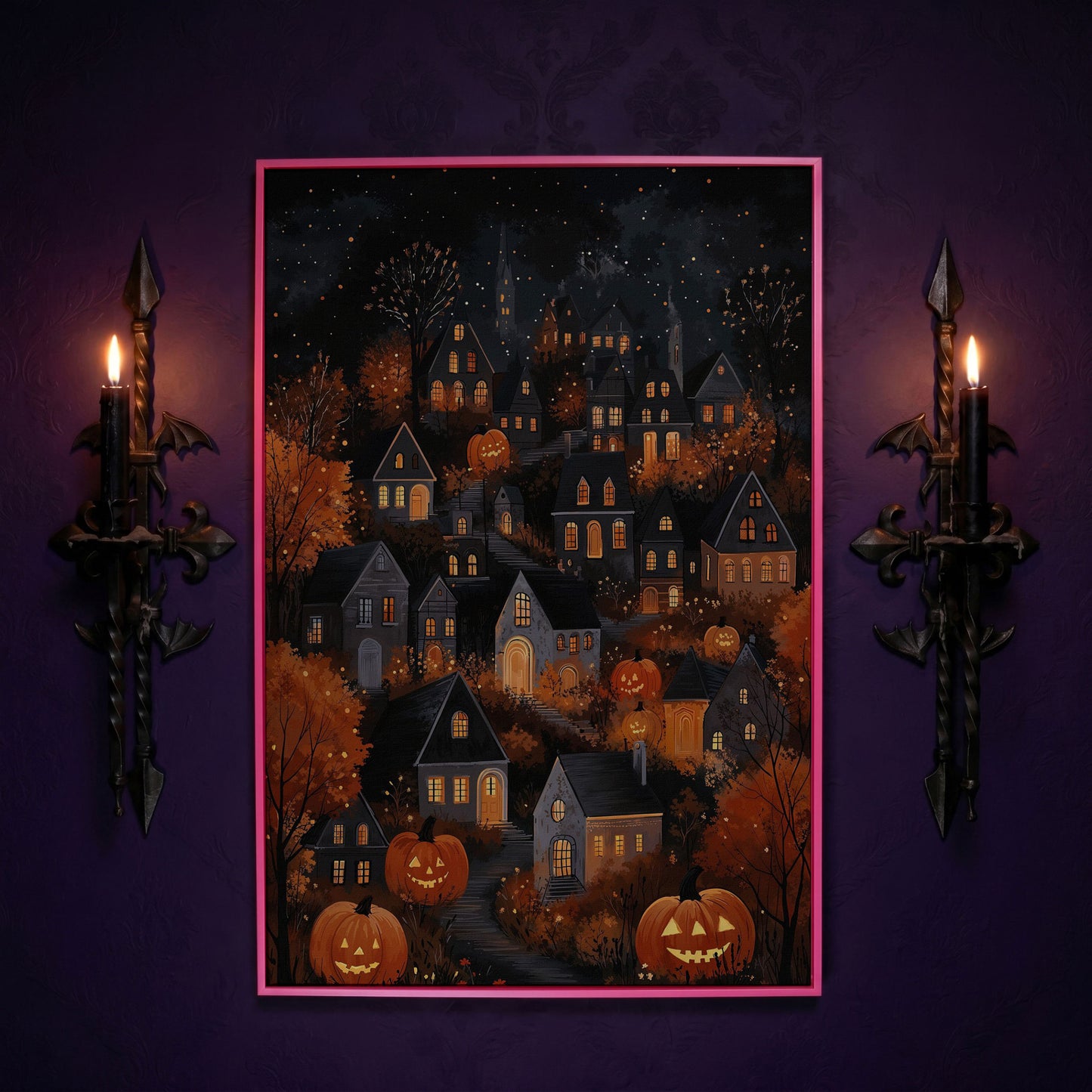 Halloween Pumpkin Town Canvas Print in pink floating frame