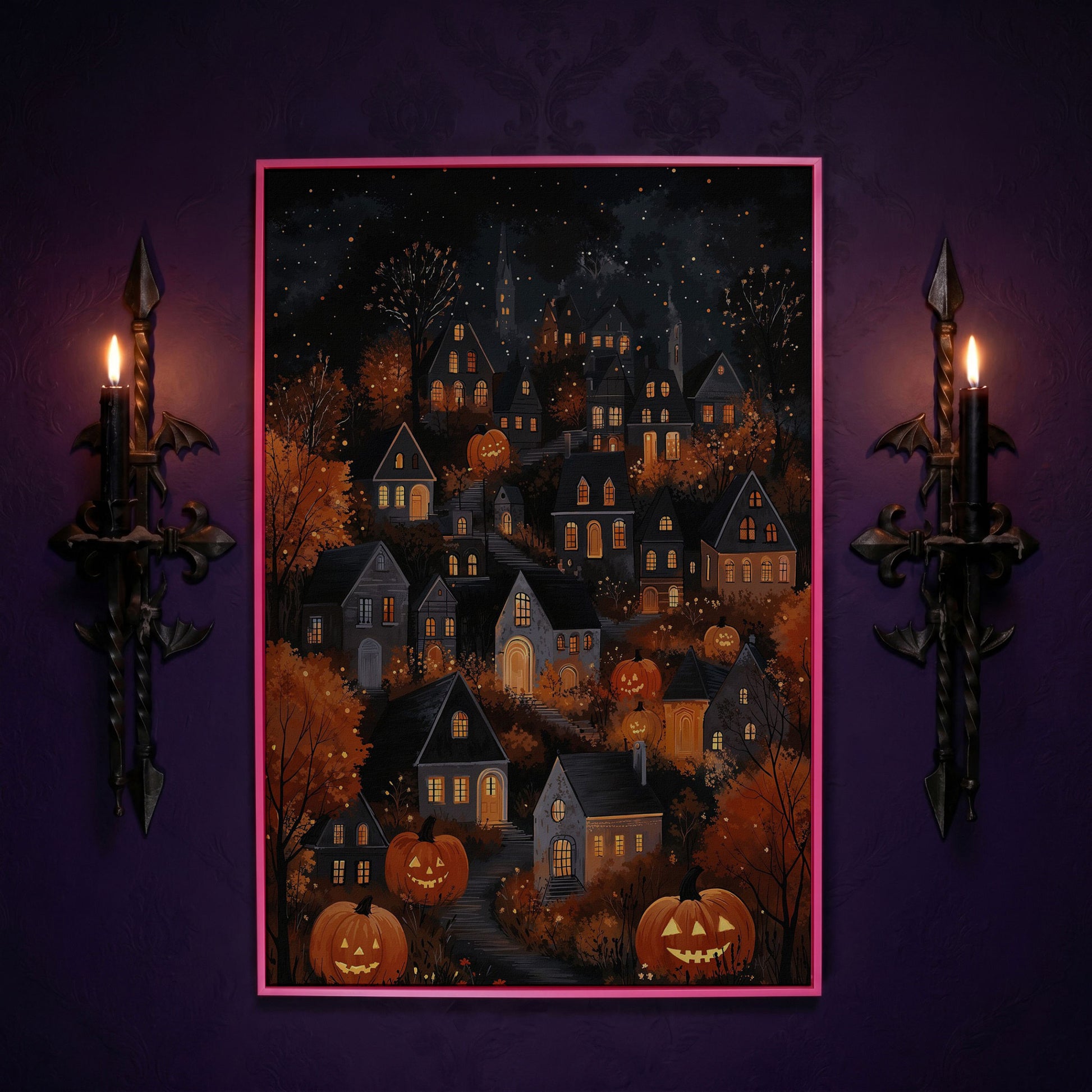 Halloween Pumpkin Town Canvas Print in pink floating frame