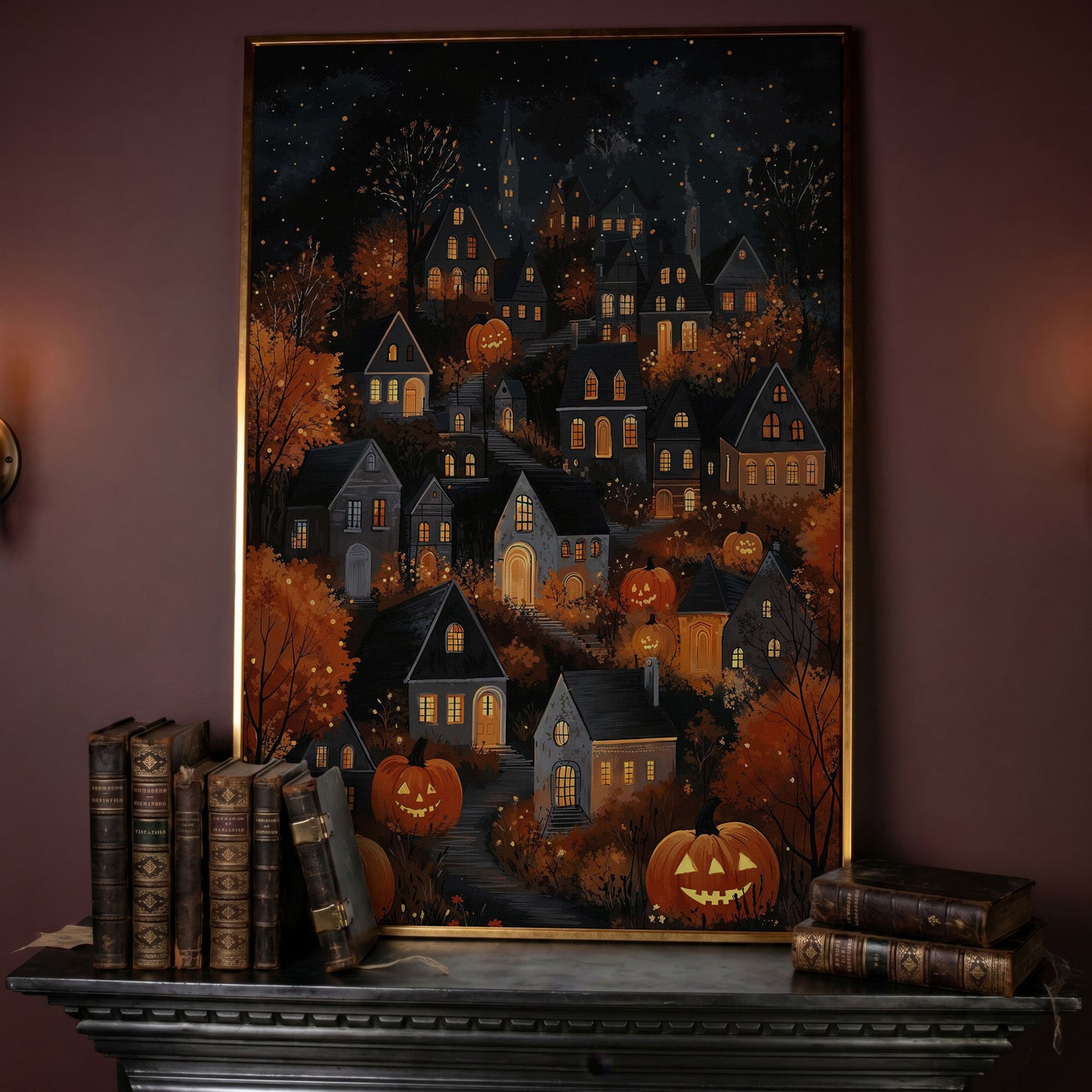Halloween Pumpkin Town Canvas Print in rose gold floating frame