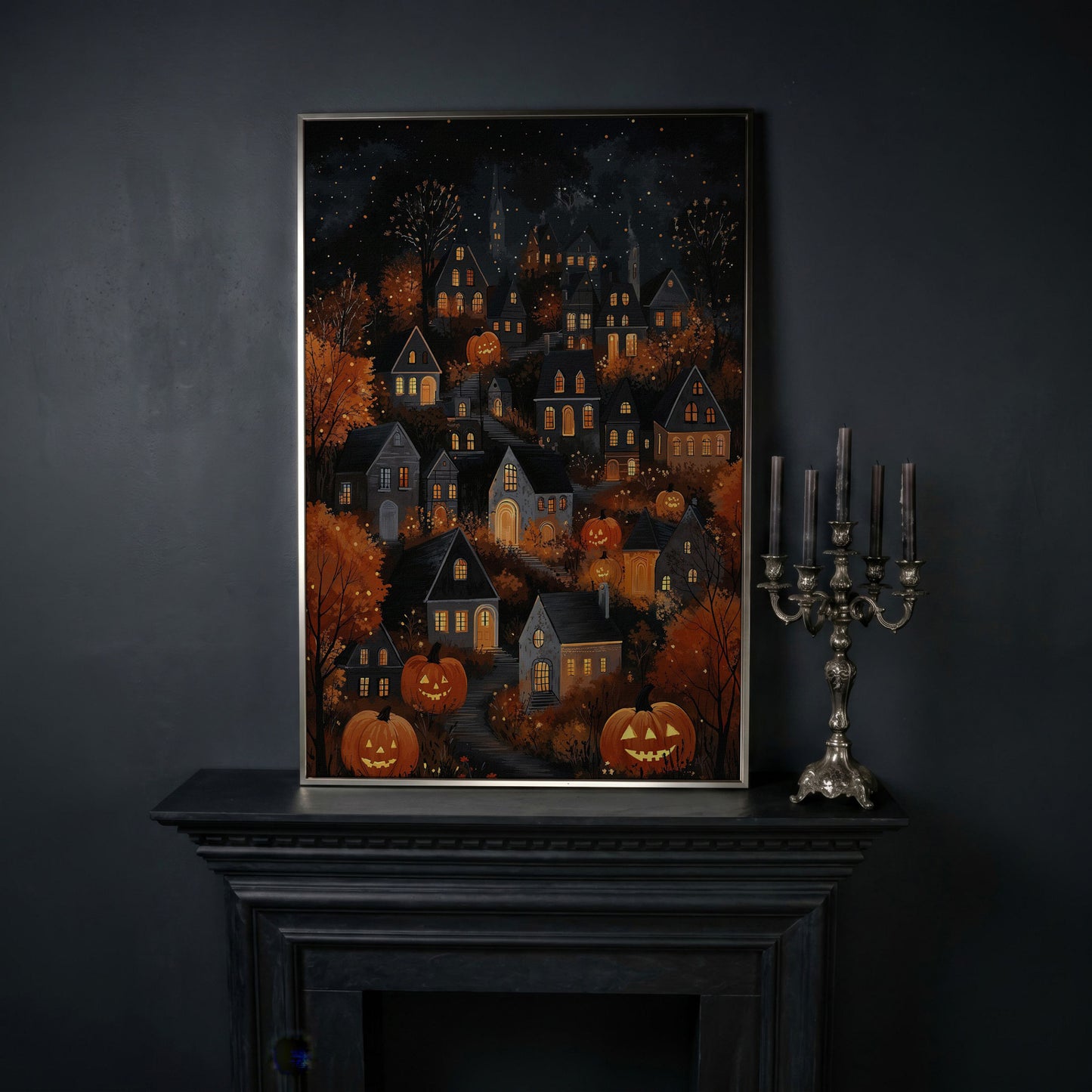 Halloween Pumpkin Town Canvas Print in silver floating frame