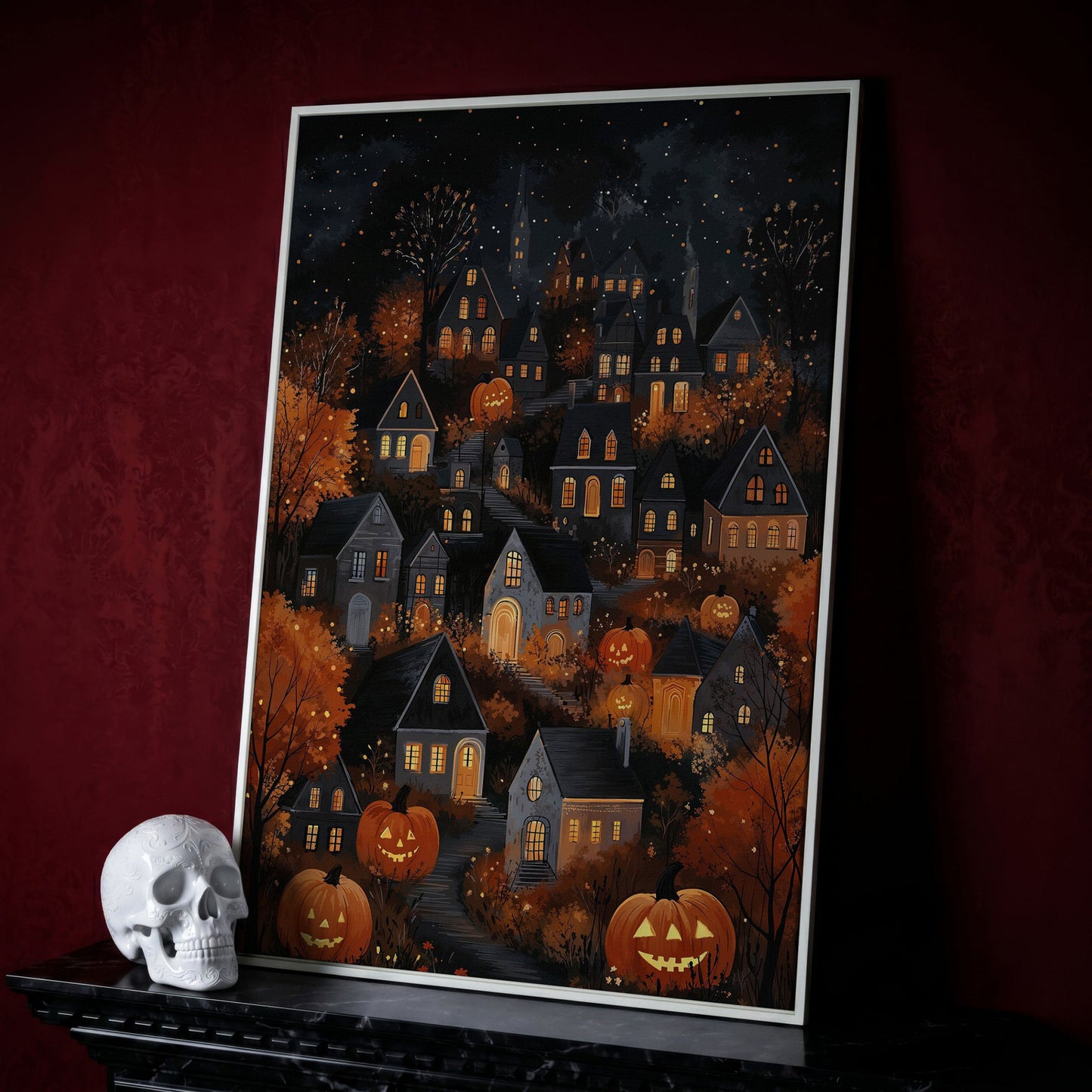 Halloween Pumpkin Town Canvas Print in white floating frame