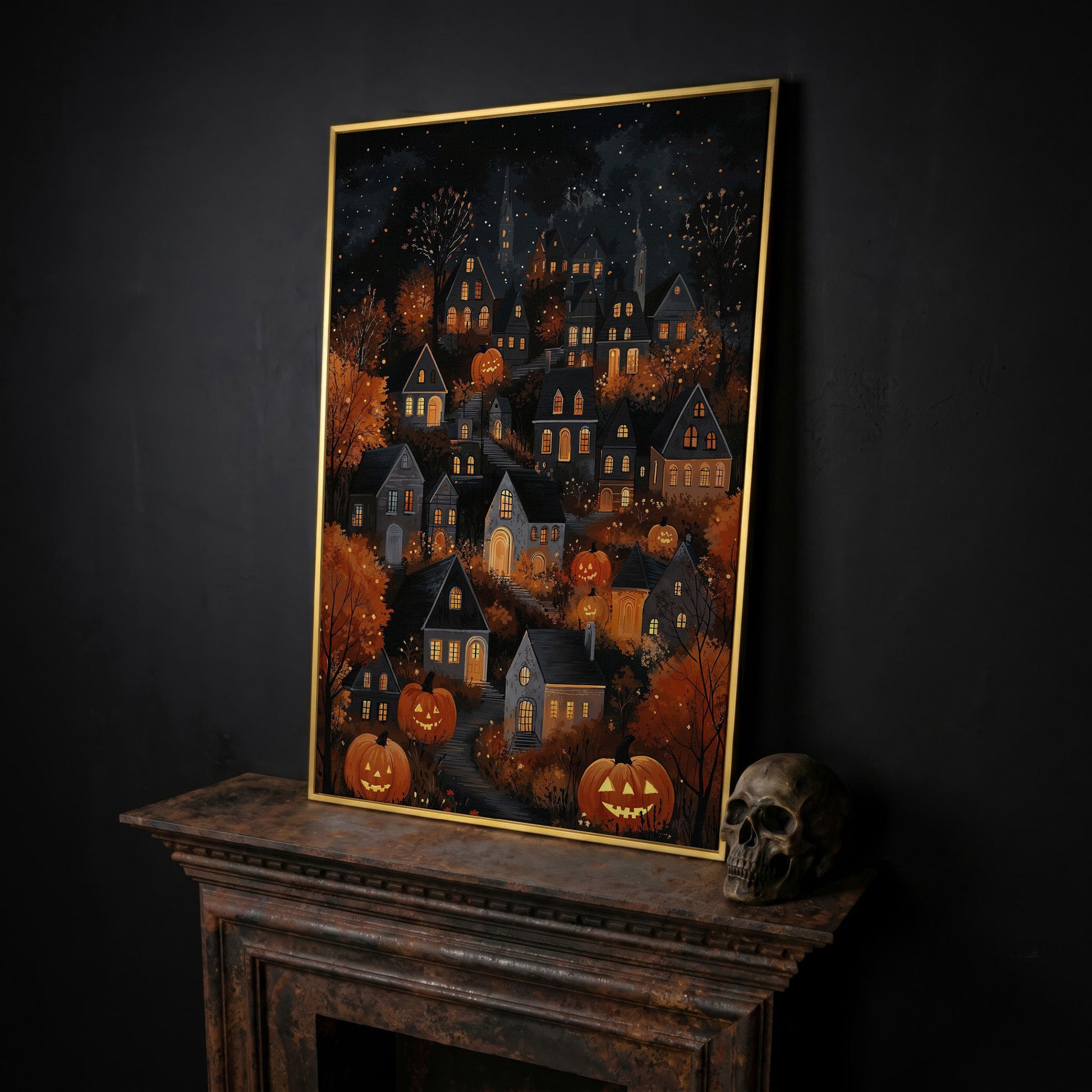 Halloween Pumpkin Town Canvas Print in yellow gold floating frame