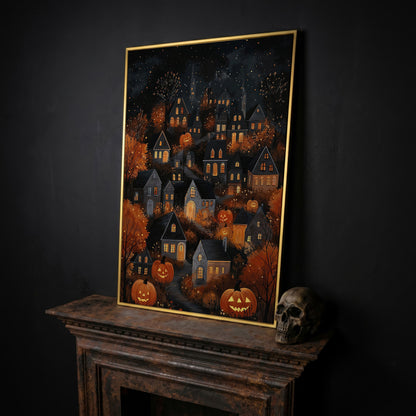Halloween Pumpkin Town Canvas Print in yellow gold floating frame
