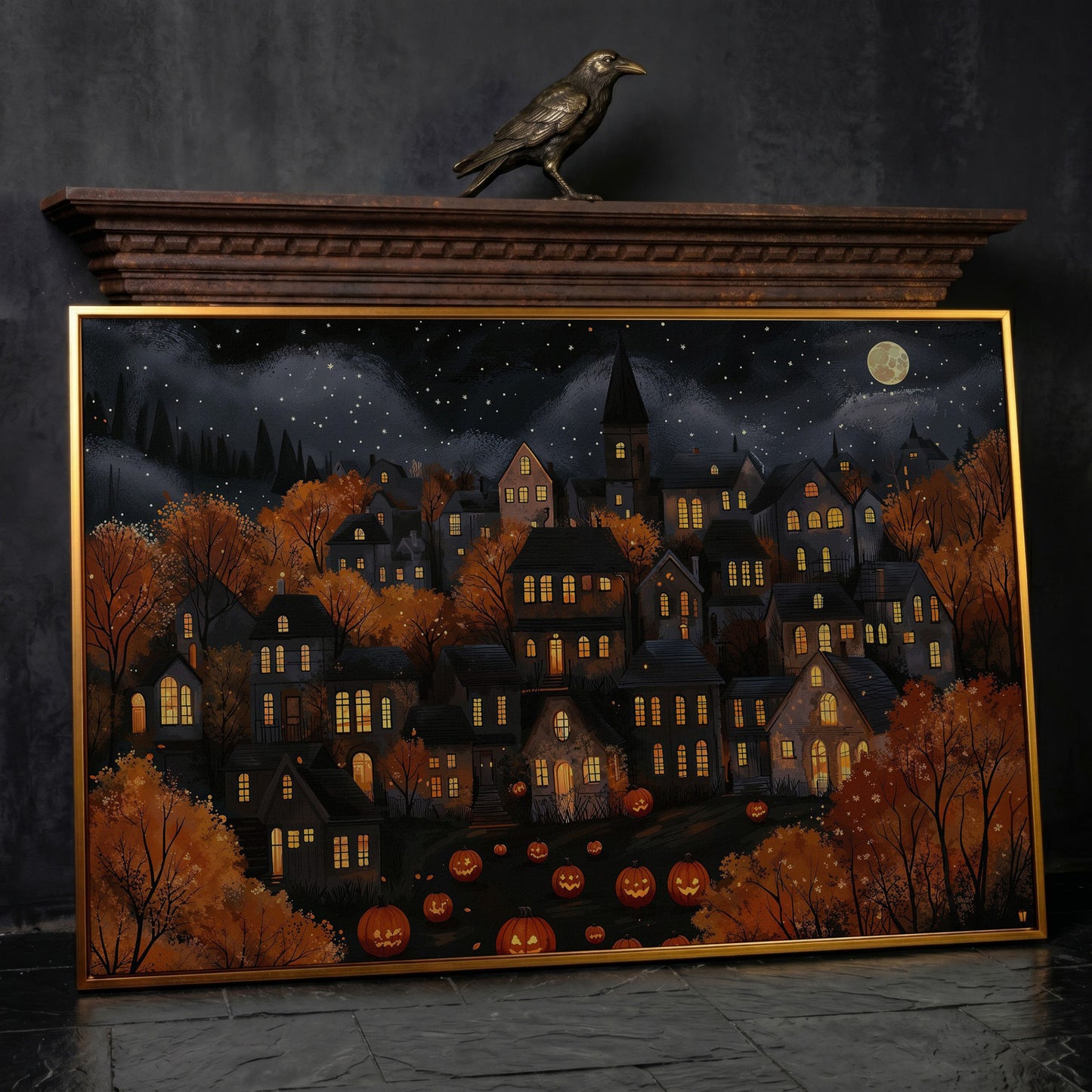 Eerie Haunted Village with Jack O Lanterns Canvas in antique gold floating frame