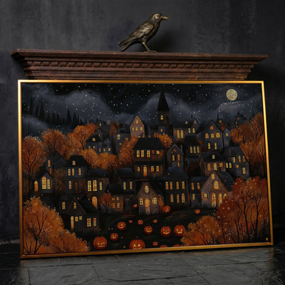 Eerie Haunted Village with Jack O Lanterns Canvas in antique gold floating frame
