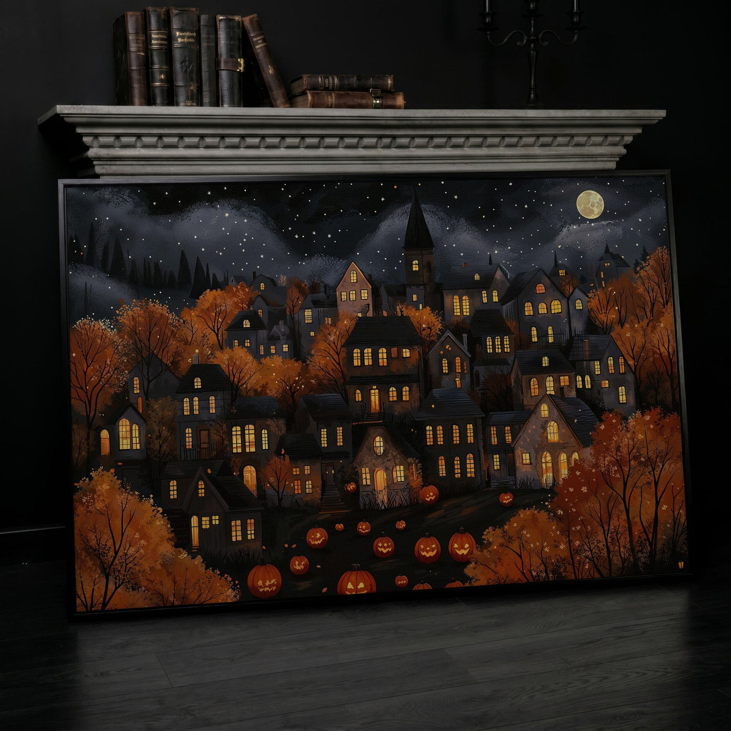 Eerie Haunted Village with Jack O Lanterns Canvas in black floating frame
