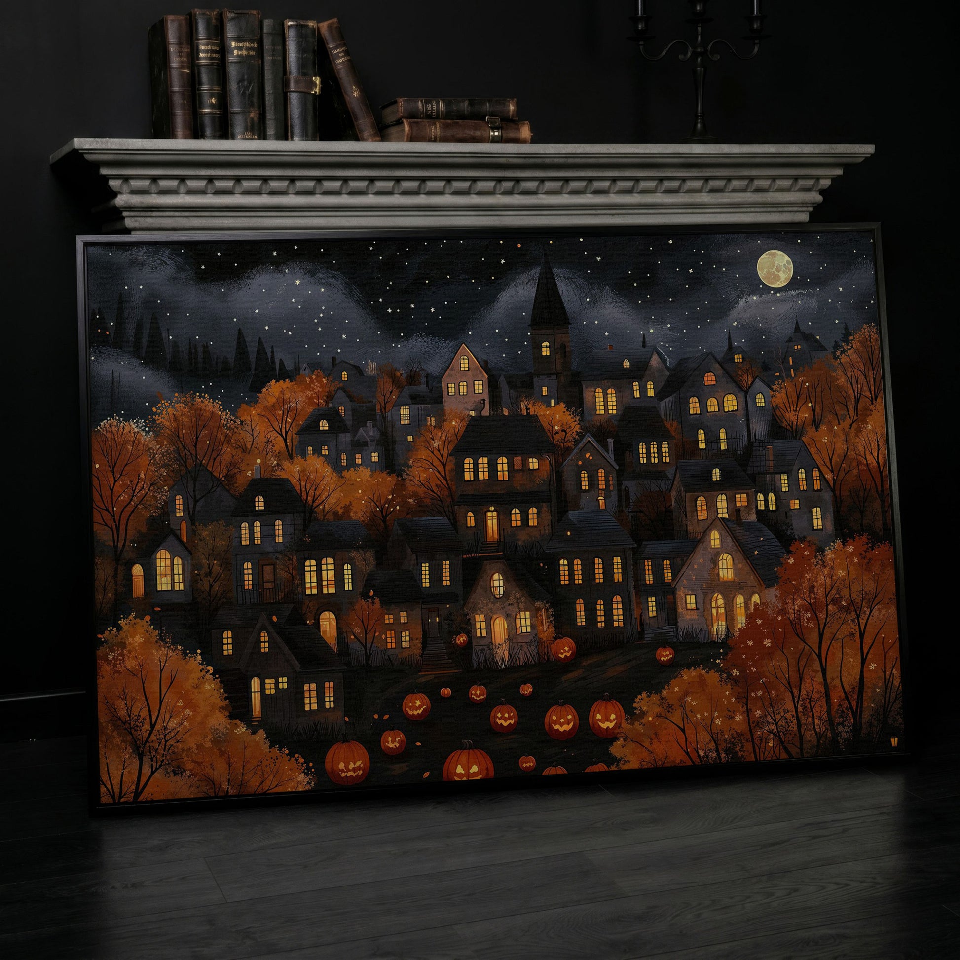 Eerie Haunted Village with Jack O Lanterns Canvas in black floating frame