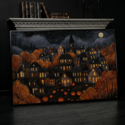 Eerie Haunted Village with Jack O Lanterns Canvas in black floating frame