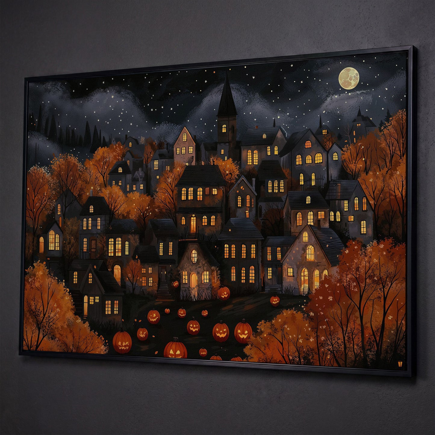 Eerie Haunted Village with Jack O Lanterns Canvas shown in black floating frame