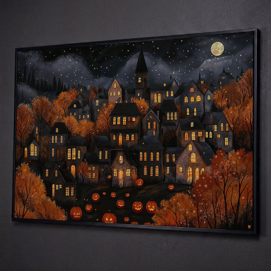 Eerie Haunted Village with Jack O Lanterns Canvas shown in black floating frame