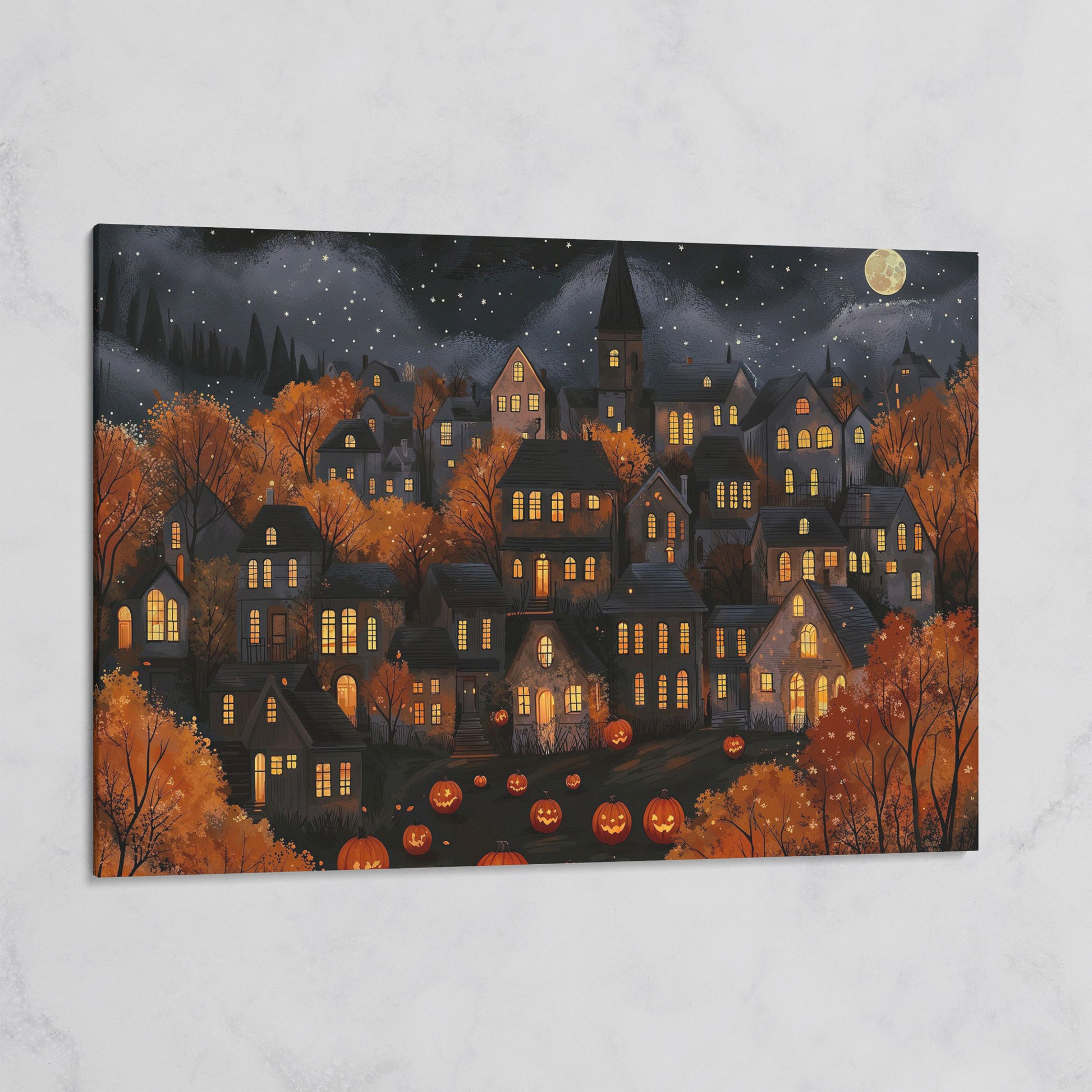 Eerie Haunted Village with Jack O Lanterns Canvas on gallery wrap