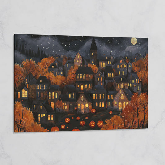 Eerie Haunted Village with Jack O Lanterns Canvas on gallery wrap
