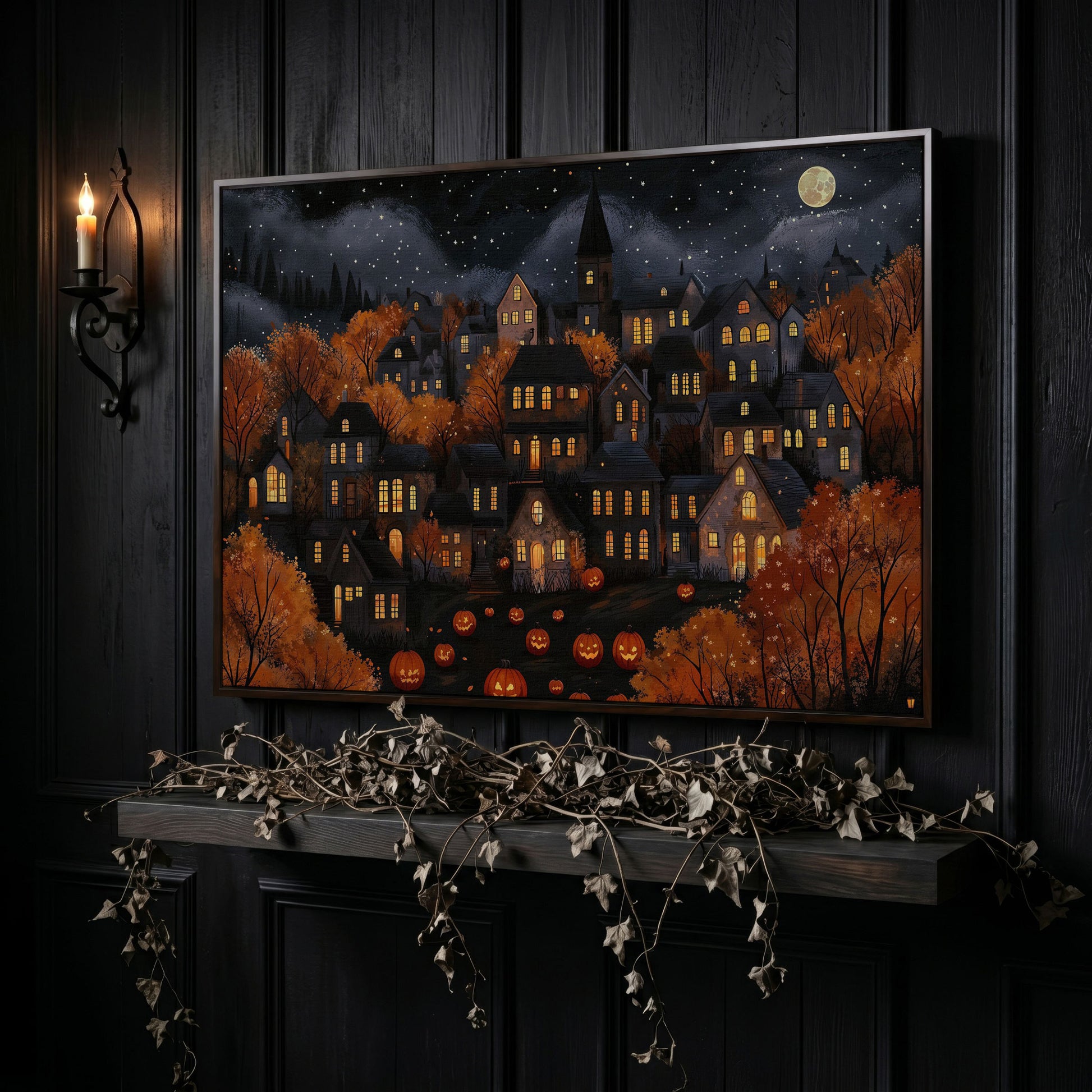 Eerie Haunted Village with Jack O Lanterns Canvas in dark walnut floating frame