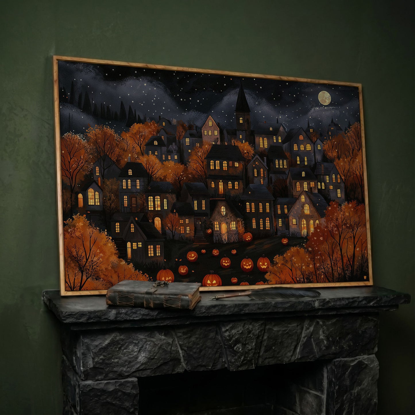 Eerie Haunted Village with Jack O Lanterns Canvas in white oak floating frame