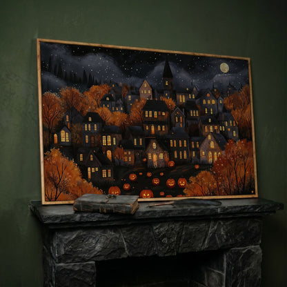 Eerie Haunted Village with Jack O Lanterns Canvas in white oak floating frame