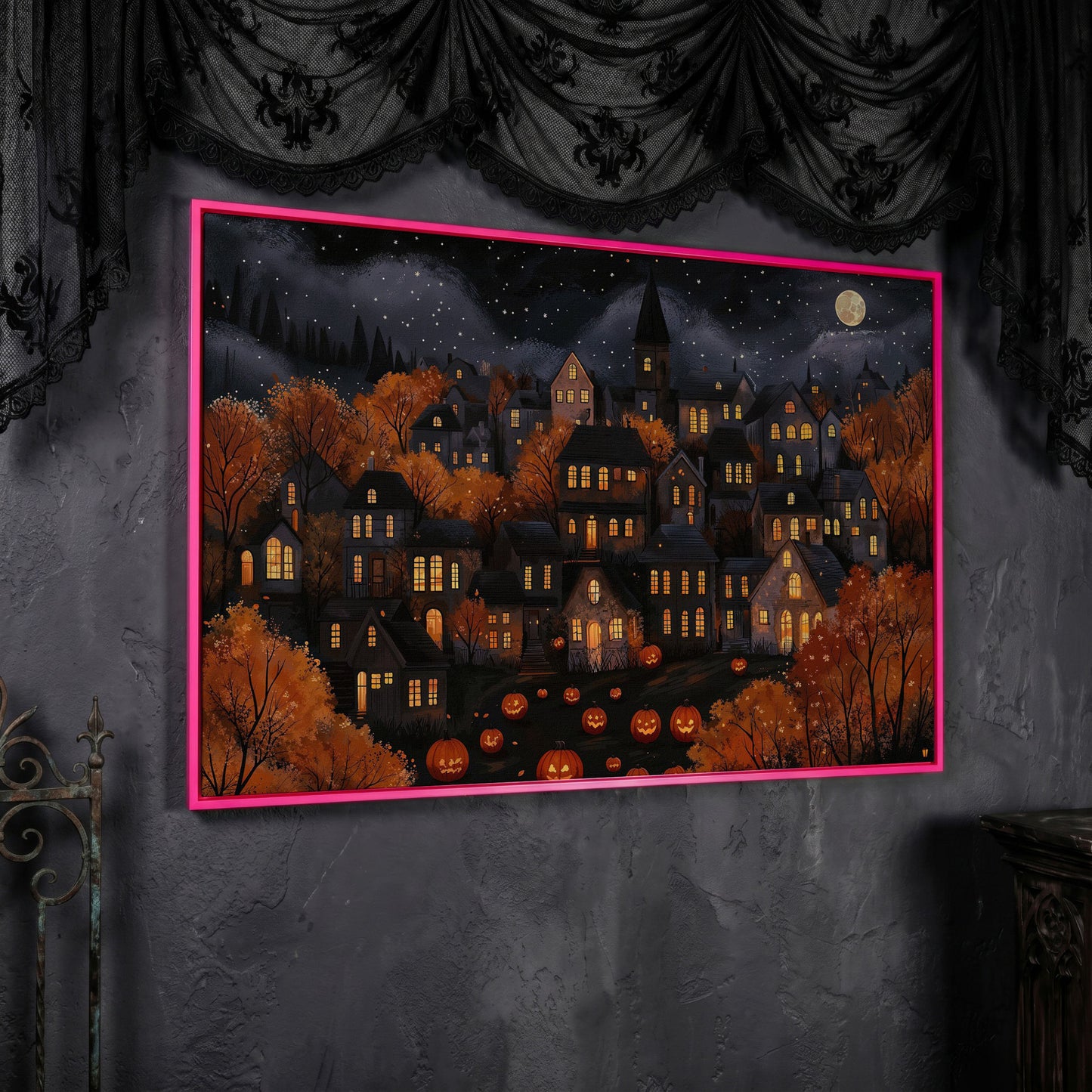 Eerie Haunted Village with Jack O Lanterns Canvas in pink floating frame