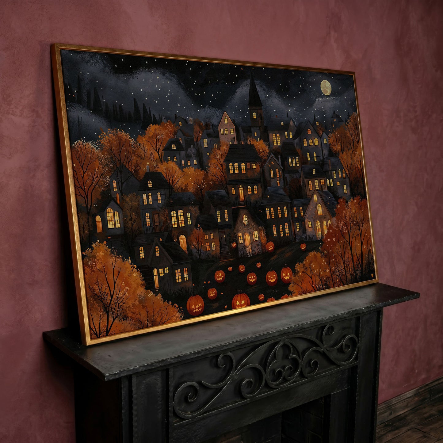Eerie Haunted Village with Jack O Lanterns Canvas in rose gold floating frame
