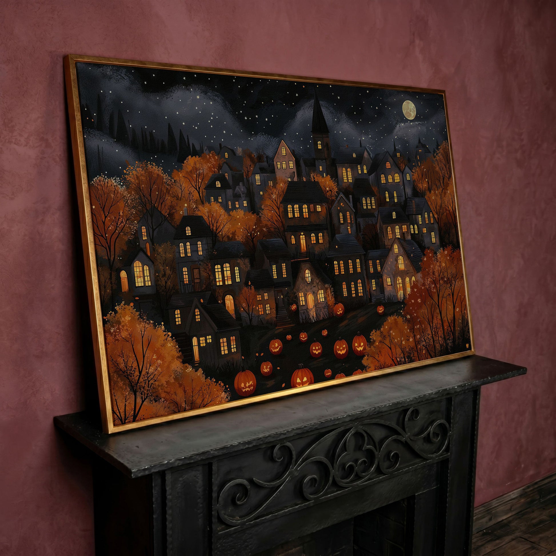 Eerie Haunted Village with Jack O Lanterns Canvas in rose gold floating frame