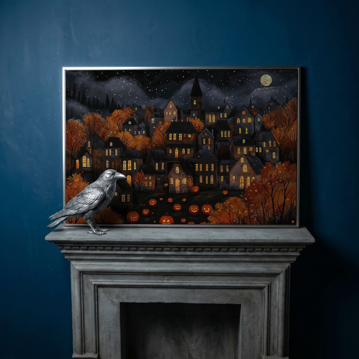 Eerie Haunted Village with Jack O Lanterns Canvas in silver floating frame