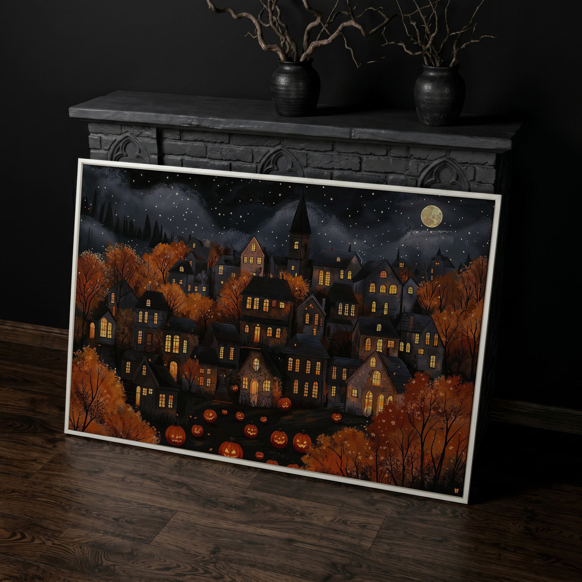 Eerie Haunted Village with Jack O Lanterns Canvas in white floating frame