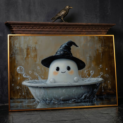 Ghost Bath Time Canvas Print in antique gold floating frame