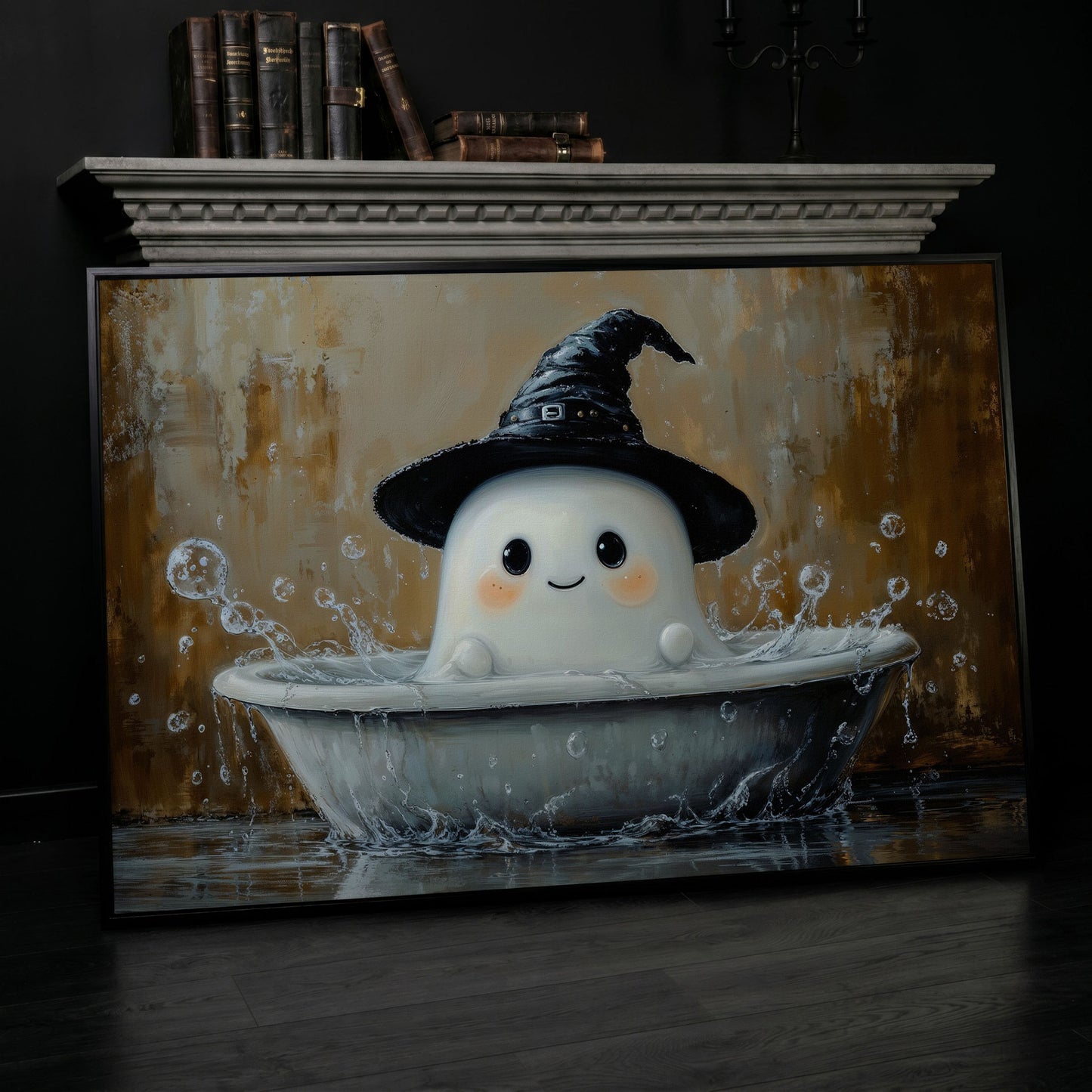 Ghost Bath Time Canvas Print in black floating frame