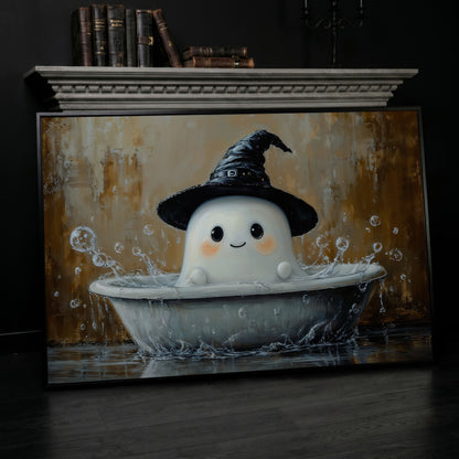 Ghost Bath Time Canvas Print in black floating frame