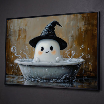 Ghost Bath Time Canvas Print shown in black floating frame