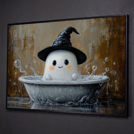 Ghost Bath Time Canvas Print shown in black floating frame