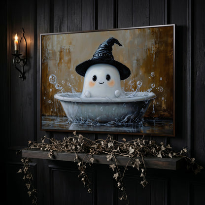 Ghost Bath Time Canvas Print in dark walnut floating frame