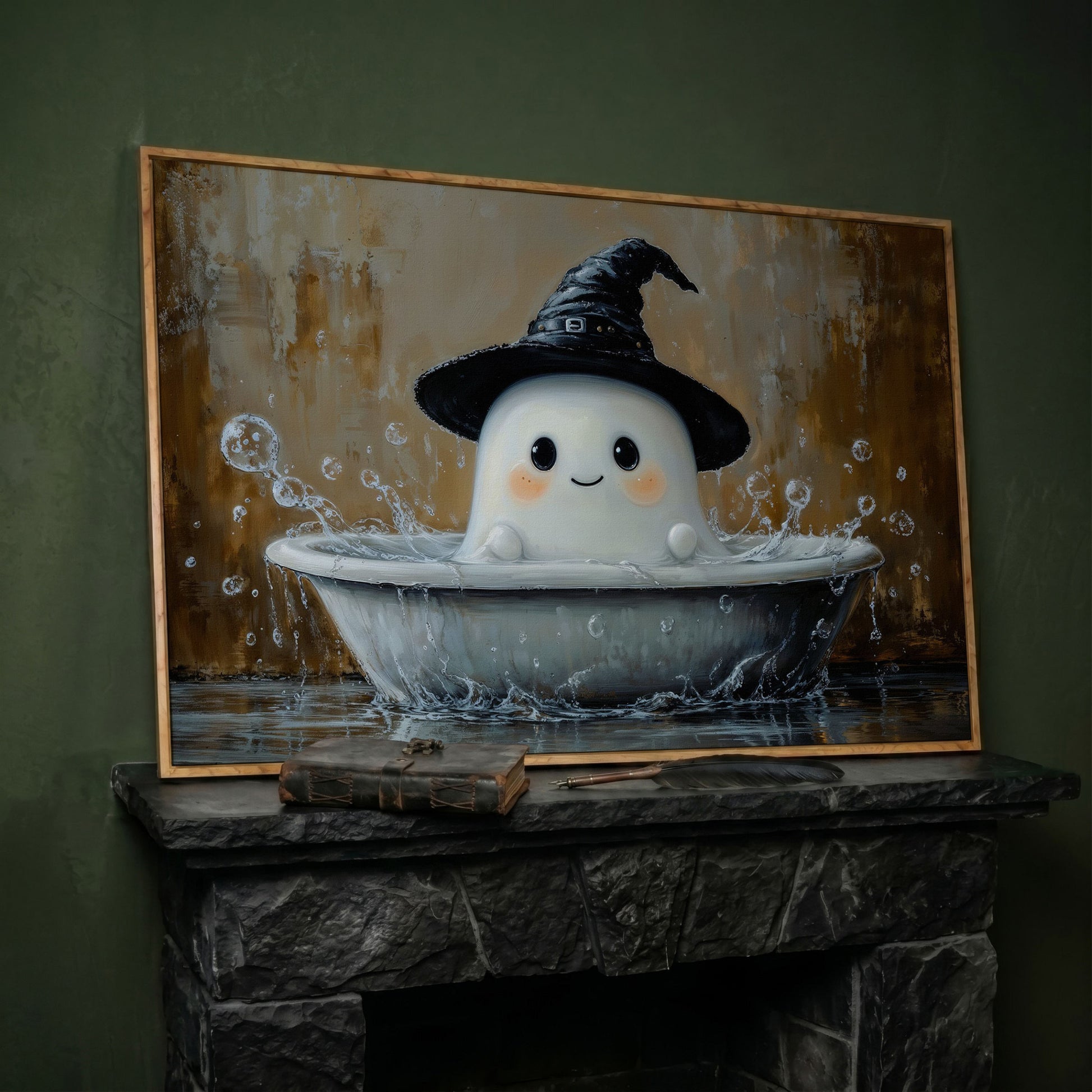 Ghost Bath Time Canvas Print in white oak floating frame
