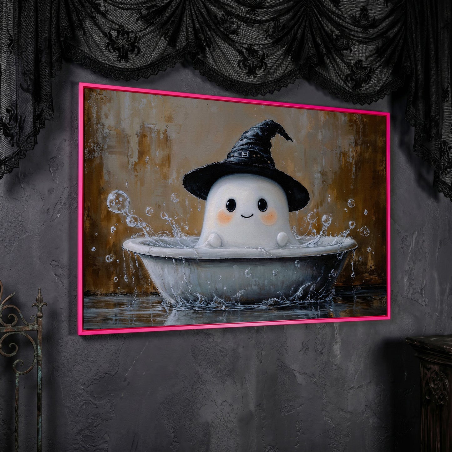Ghost Bath Time Canvas Print in pink floating frame